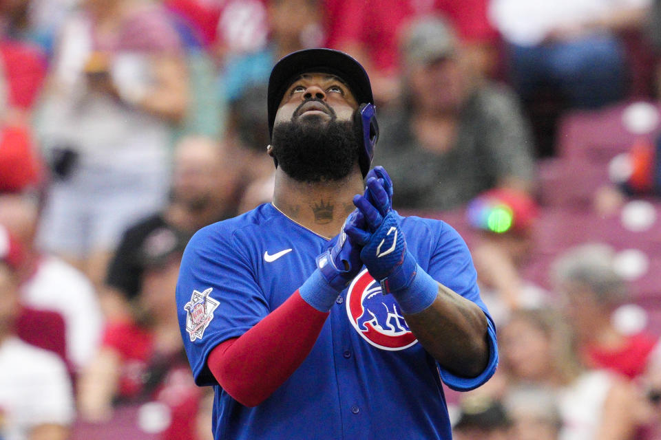 Chicago Cubs' Franmil Reyes reacts after reaching first base on a single during the second inning of a baseball game against the Cincinnati Reds Saturday, Aug. 13, 2022, in Cincinnati. (AP Photo/Jeff Dean)