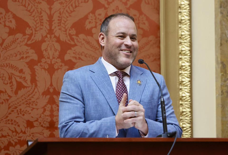 Utah House Speaker Mike Schultz, R-Hooper, smiles at the start of the 2024 Legislature on Tuesday, Jan. 16, 2024, at the Utah State Capitol, in Salt Lake City. (Krisitn Murphy/The Deseret News via AP, Pool)