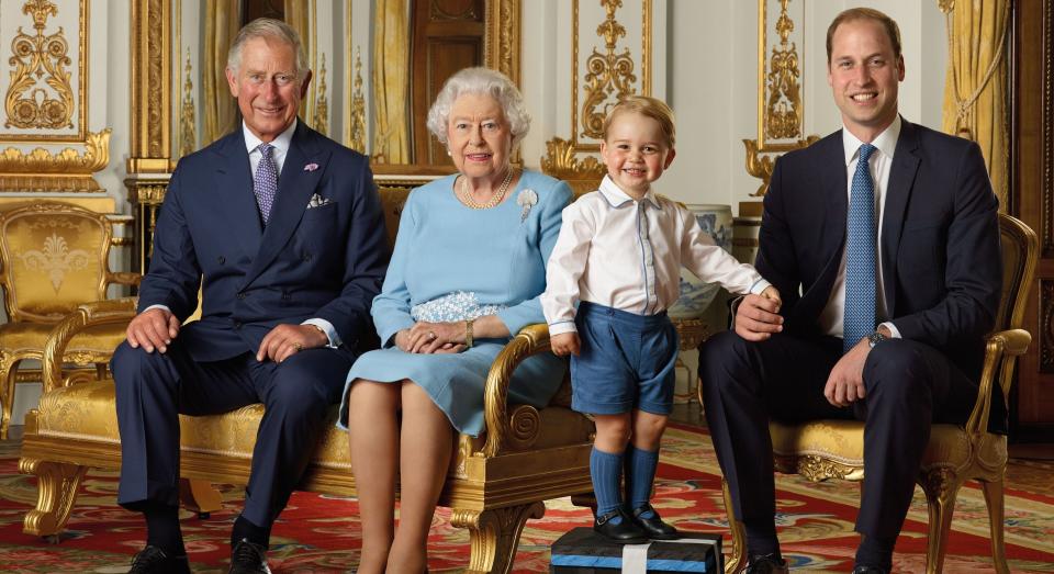 Prince Charles, Queen Elizabeth, Prince William and Prince George pose together in the palace