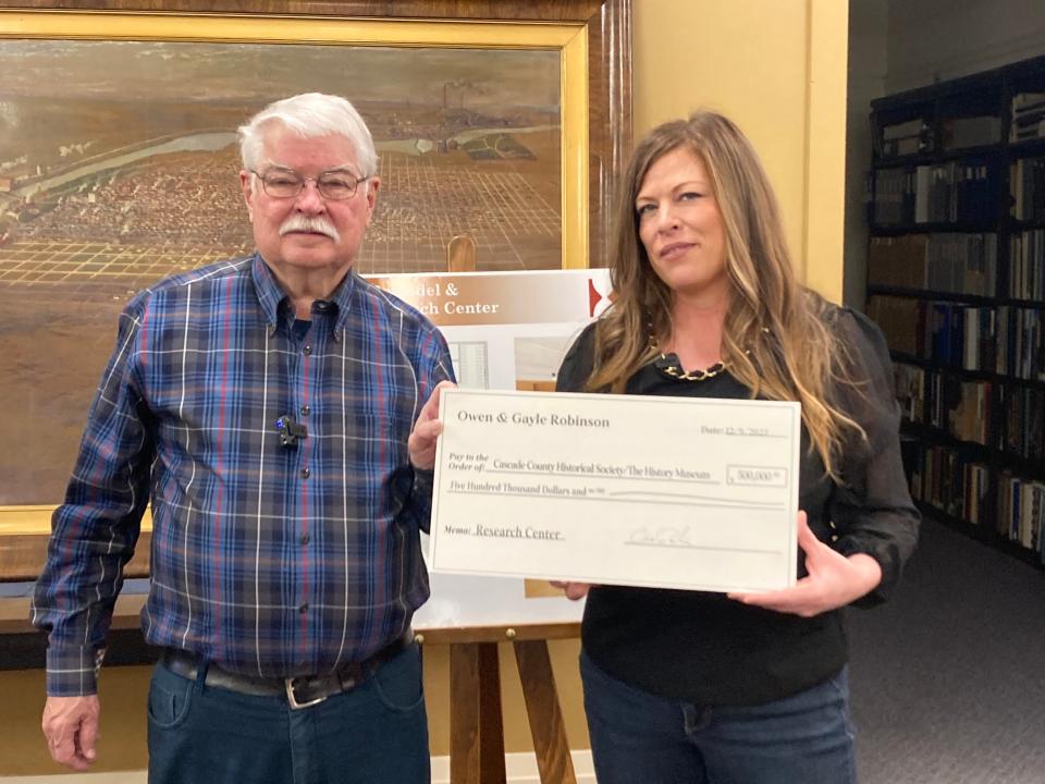 Executive Director Kristi Scott, right, and the History Museum recently received a $500,000 donation from Owen Robinson, left, for a new research center on the second floor of the museum on Machinery Row in Great Falls.