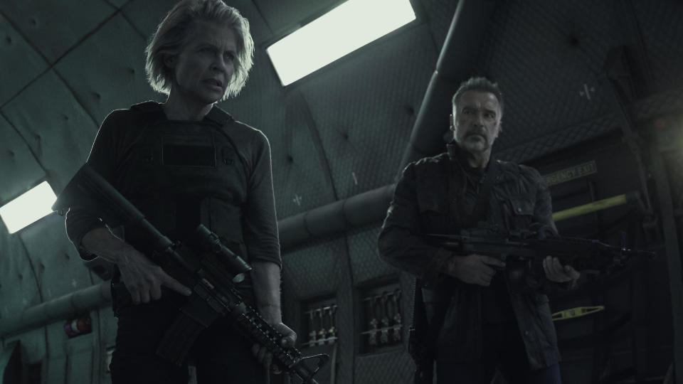 Linda Hamilton, left, and  Arnold Schwarzenegger star in Skydance Productions and Paramount Pictures' <i>Terminator: Dark Fate</i>