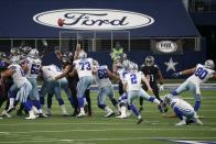 Dallas Cowboys kicker Greg Zuerlein (2) kicks a field goal in the closing seconds of an NFL football game against the Atlanta Falcons in Arlington, Texas, Sunday, Sept. 20, 2020. The Cowboys won 40-39. (AP Photo/Ron Jenkins)