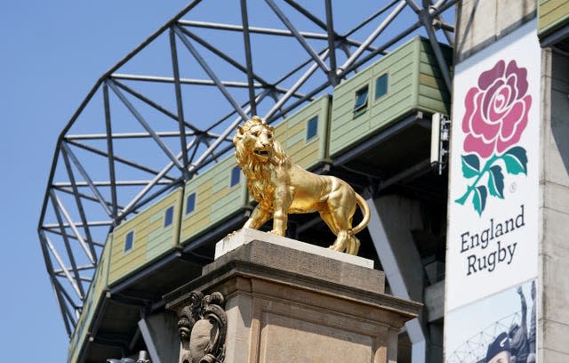 A general view of England Rugby signage and a Gold Lion statue at Twickenham Stadium