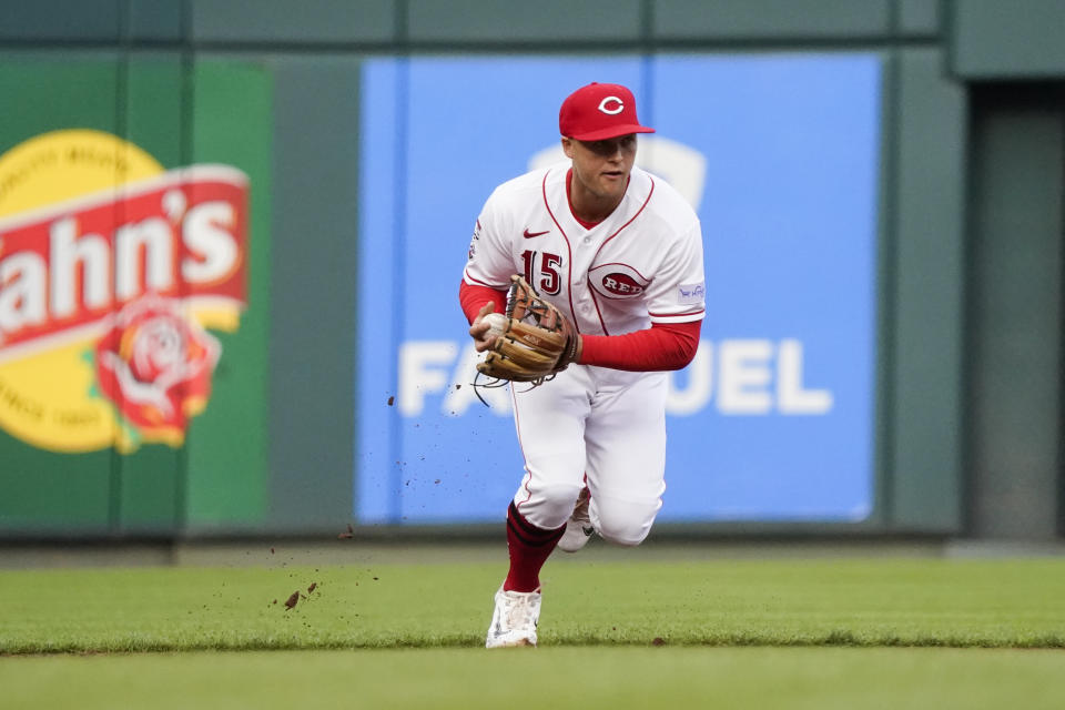 Cincinnati Reds third baseman Nick Senzel fields a ground ball during the first inning of a baseball game against the Tampa Bay Rays, Monday, April 17, 2023, in Cincinnati. (AP Photo/Joshua A. Bickel)