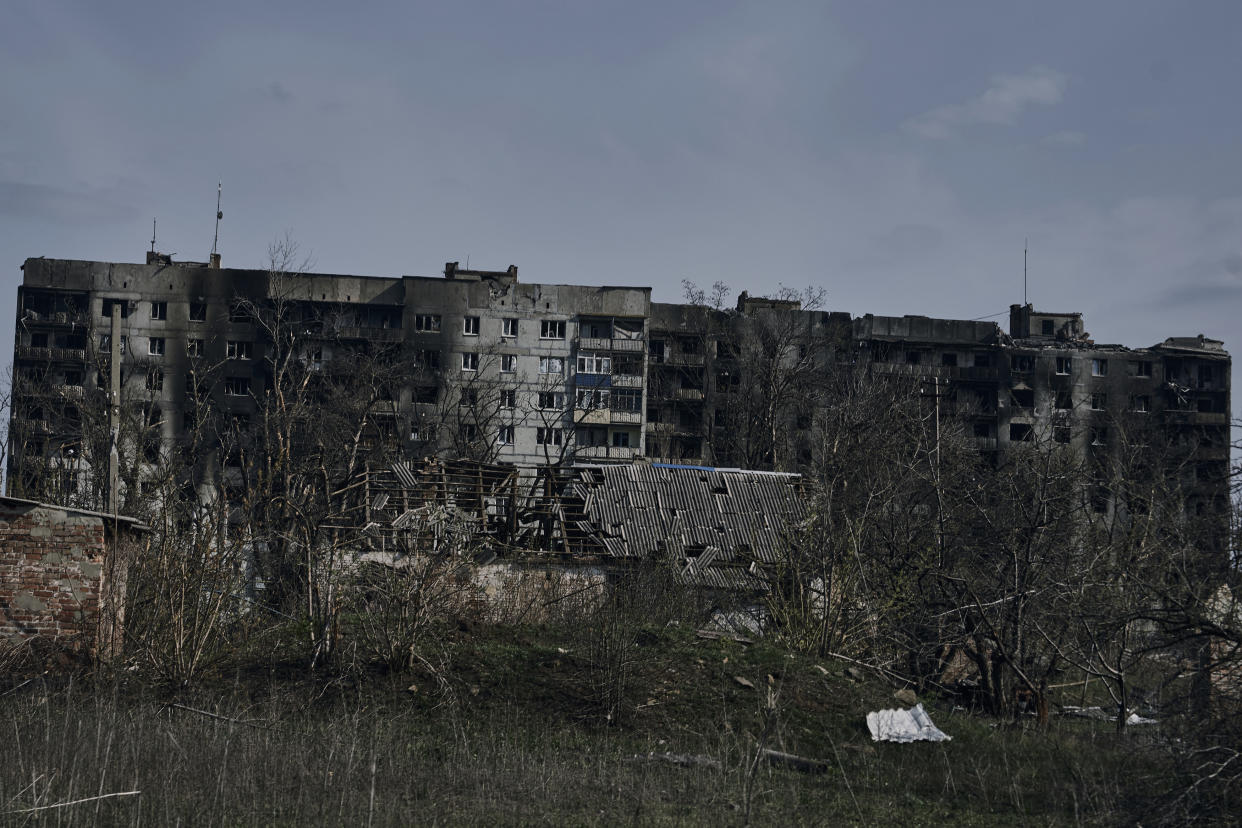 A general view of Bakhmut, the site of heavy battles with Russian troops in the Donetsk region, Ukraine, Sunday, April 9, 2023. (AP Photo/Libkos)