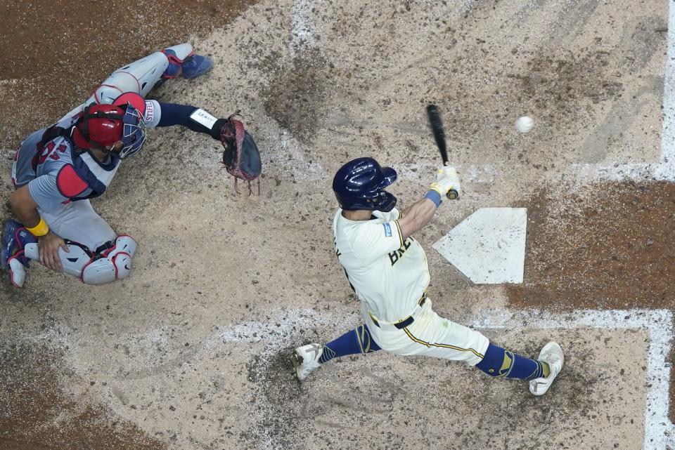 Milwaukee Brewers' Sal Frelick hits a two-run scoring single during the seventh inning of a baseball game against the St. Louis Cardinals Friday, May 10, 2024, in Milwaukee. (AP Photo/Morry Gash)