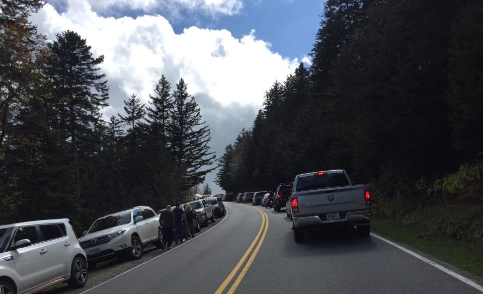 Cars can back up for a half-mile from the Clingman's Dome parking area during peak visitation times in Great Smoky Mountains National Park. The park reached a record-high of 12.5 million visitors in 2019.