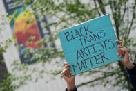 Protestors demonstrate in Columbus Circle during a rally and march, Thursday, April 22, 2021, in New York. Hundreds of theater workers marched down Broadway on Thursday, rallying to demand more inclusion for minorities and the disabled, protesting producer Scott Rudin and to call for greater transparency from their union, Actors' Equity Association. (AP Photo/Mary Altaffer)