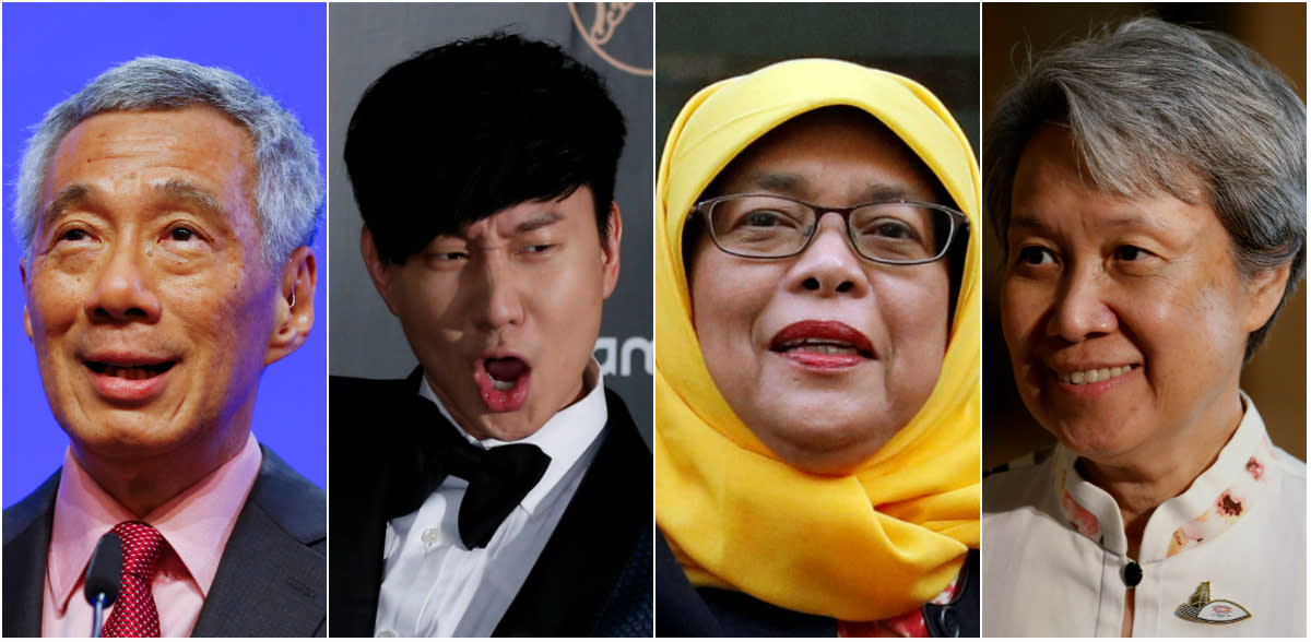 Prime Minister Lee Hsien Loong, pop singer JJ Lin, President Halimah Yacob and Ho Ching, wife of PM Lee. (Reuters file photos)