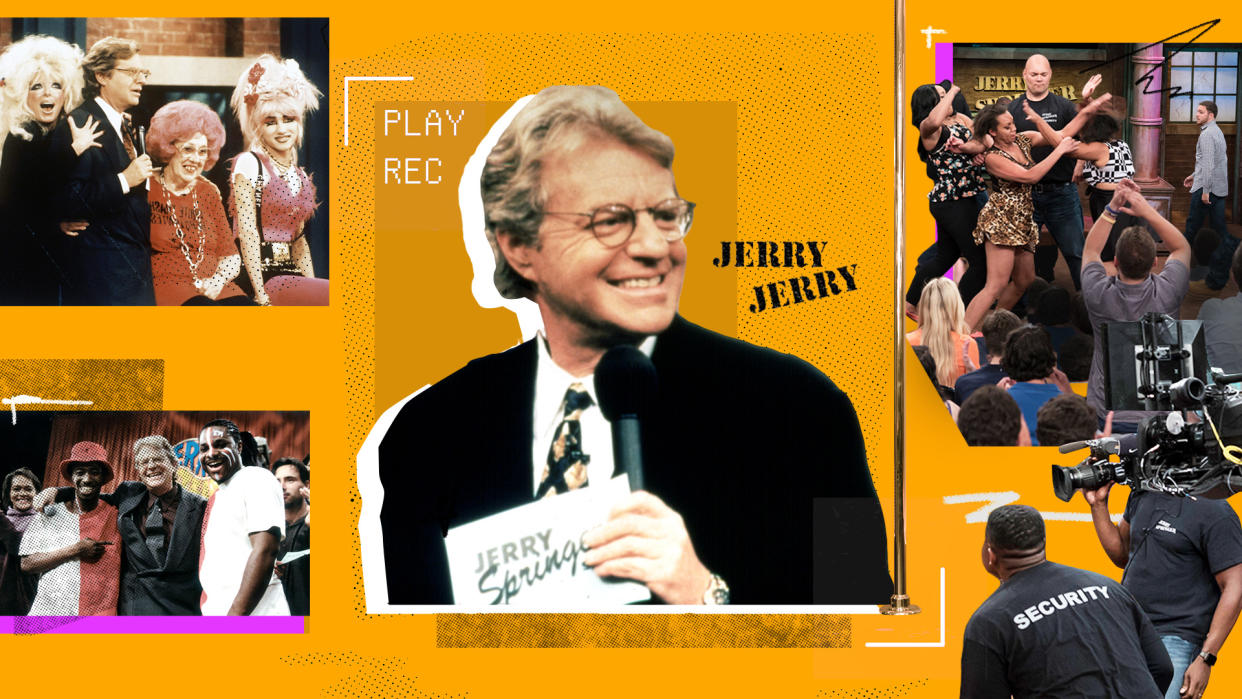 <em>The Jerry Springer Show</em> was known for its controversial episodes. (Illustration: Yahoo News Visuals/Photo: Getty Images)