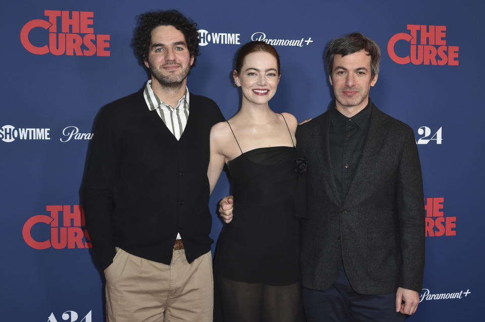 Benny Safdie, from left, Emma Stone and Nathan Fielder attend the season one finale celebration for "The Curse" on Monday, Jan. 8, 2024, in Beverly Hills, Calif. (Photo by Richard Shotwell/Invision/AP)