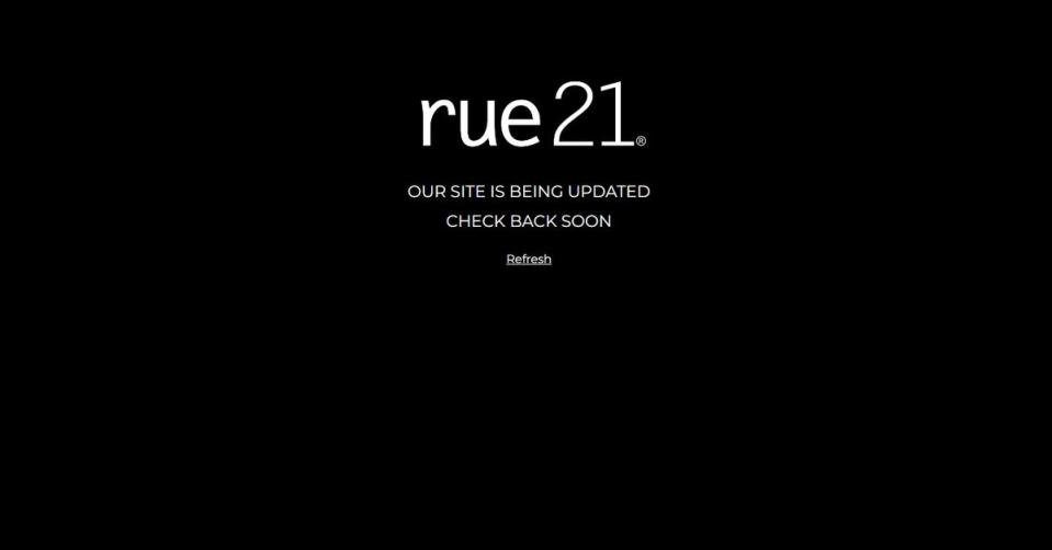 Rue 21’s website showed a black screen with a promise to be back soon (Rue21)