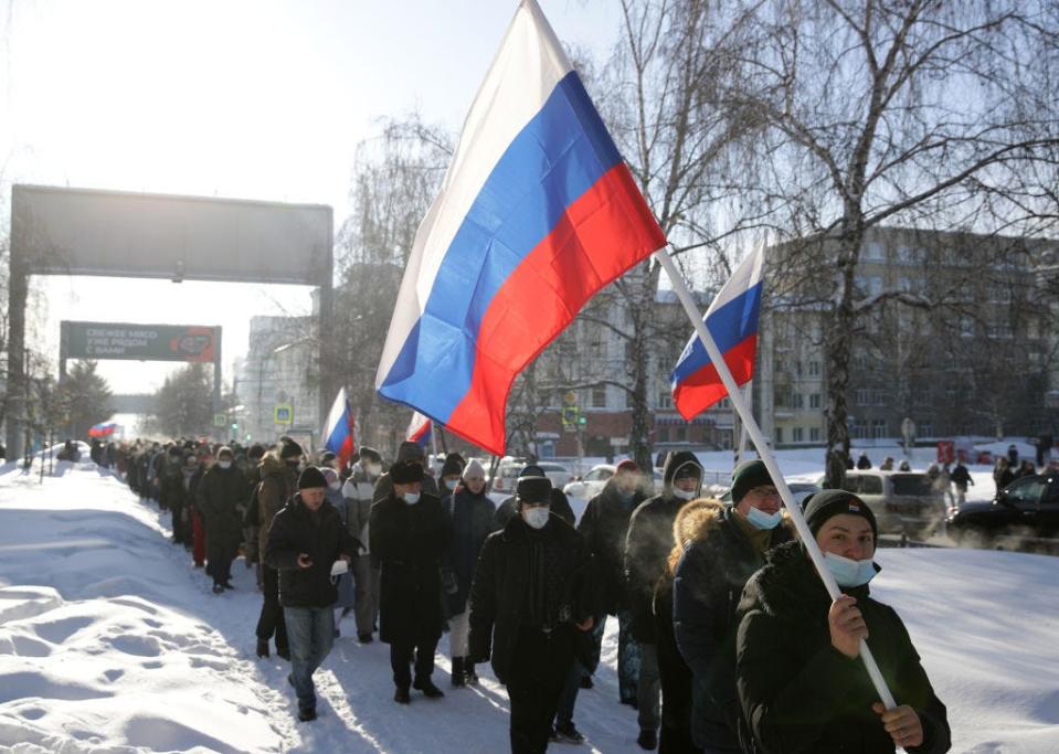 Demonstrators take part in an unauthorised protest in support of the detained opposition activist Alexei Navalny