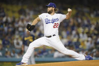 Los Angeles Dodgers starting pitcher Clayton Kershaw (22) throws during the first inning of a baseball game Friday, Sept. 1, 2021, in Los Angeles. (AP Photo/Ashley Landis)