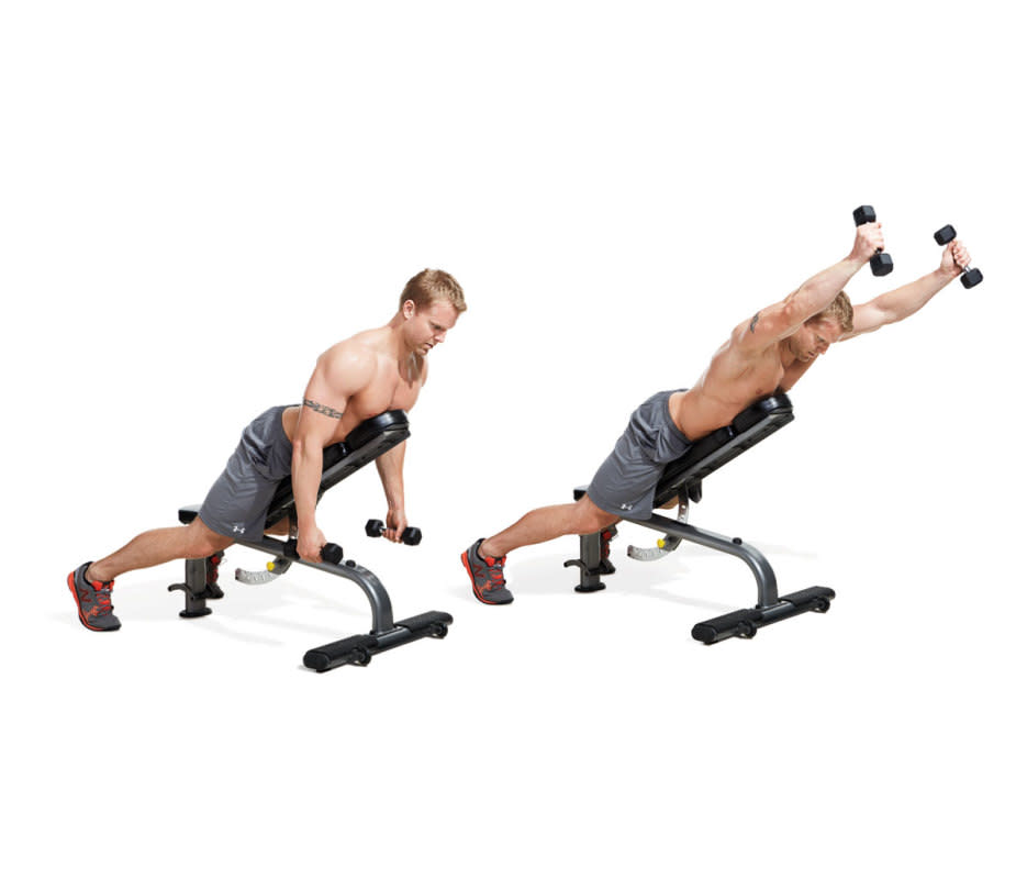 How to do it:<ul><li>Set a bench to a low incline and lie chest-down with a dumbbell in each hand and your palms facing. </li><li>Retract your shoulder blades, then raise the weights straight out so your arms are parallel to the floor.</li><li>Make sure to stretch out properly afterward. <a href="https://www.amazon.com/Original-Stretch-Strap-Exercise-OPTP/dp/B00065X222?&linkCode=ll1&tag=arena_mensjournal_amazonoutletsaleckulzer0323-20&linkId=2026116de4c1a5c949e4acd3da9c02aa&language=en_US&ref_=as_li_ss_tl" rel="nofollow noopener" target="_blank" data-ylk="slk:This tool on Amazon will make it easy for you.;elm:context_link;itc:0;sec:content-canvas" class="link ">This tool on Amazon will make it easy for you.</a></li></ul>