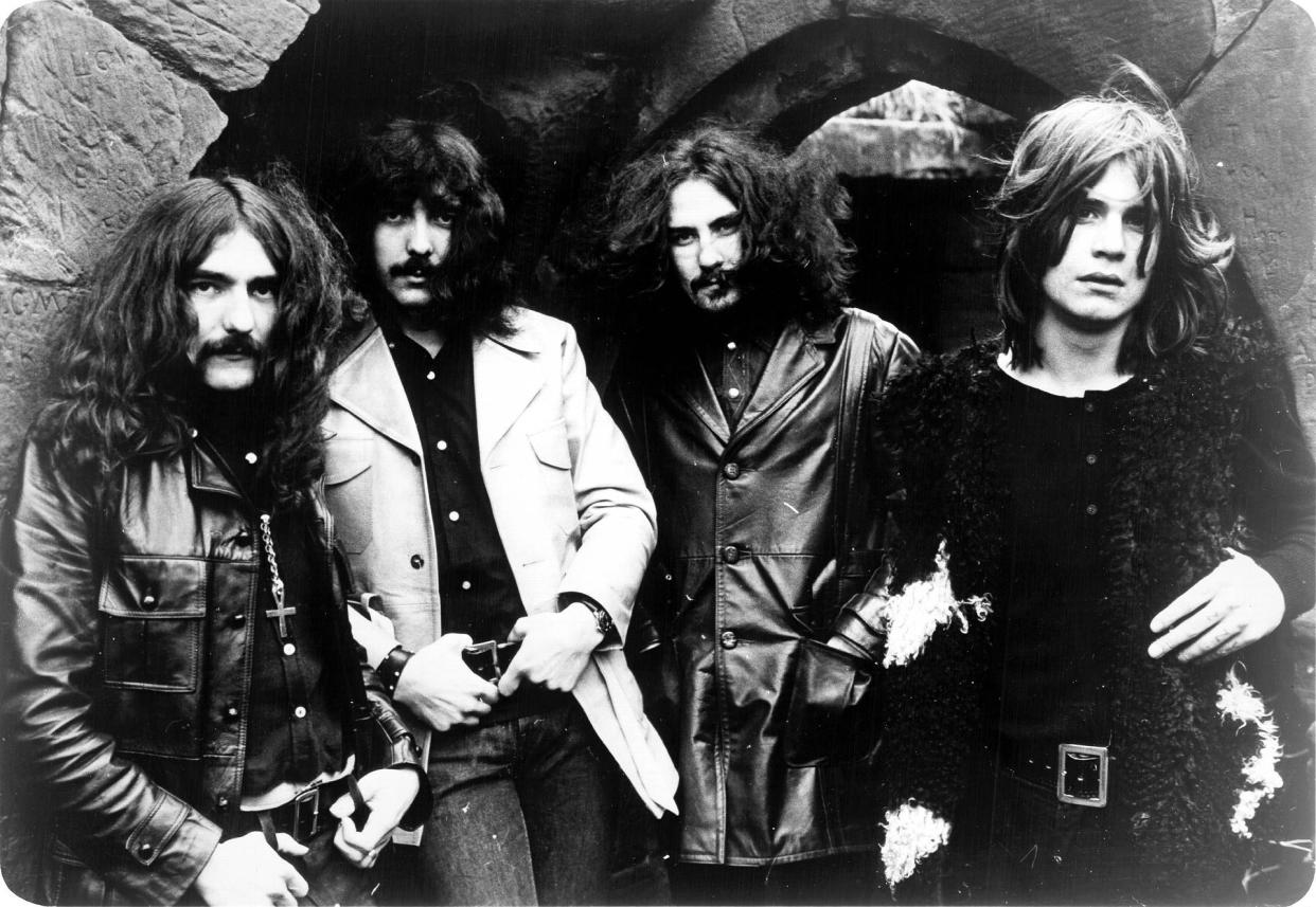 Trade ad for Black Sabbath's album Black Sabbath (1970). From left to right: Geezer Butler, Tony Iommi, Bill Ward, Ozzy Osbourne.