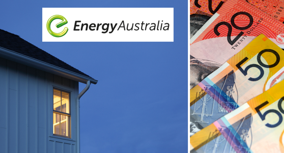 A composite image of a house with a light on at night time, the EnergyAustralia logo and money.