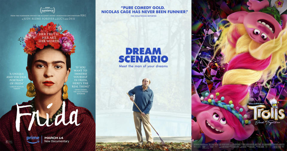 This combination of photos show promotional art for "Frida," a documentary streaming March 14 on Prime, left, "Dream Scenario," a film streaming March 15 on Max, center, and "Trolls Band Together," streaming March 14 on Peacock. (Prime Video/A24/Universal via AP)