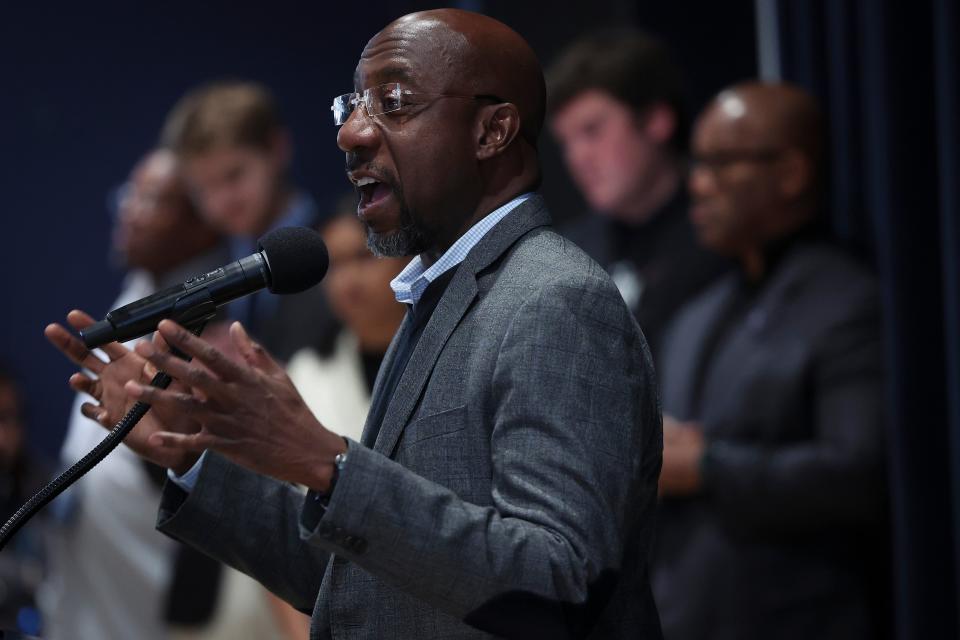 Georgia Democratic Senate candidate US senator Raphael Warnock speaks at a Students for Warnock rally at Georgia Tech, 5 December 2022 in Atlanta, Georgia (Getty Images)