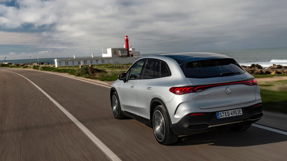 The Mercedes-Benz EQE SUV 350+ on the road in Portugal.