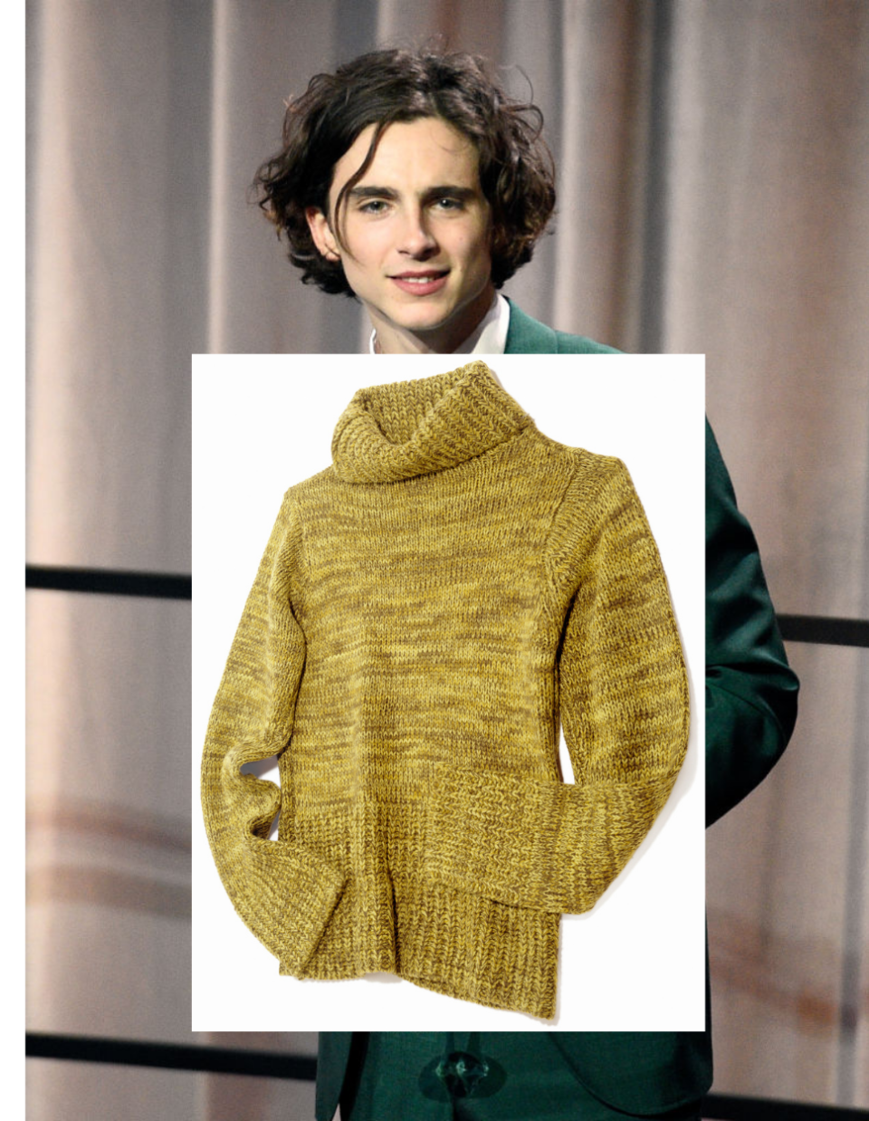 A photo of Timmy's head above a chartreuse turtleneck sweater