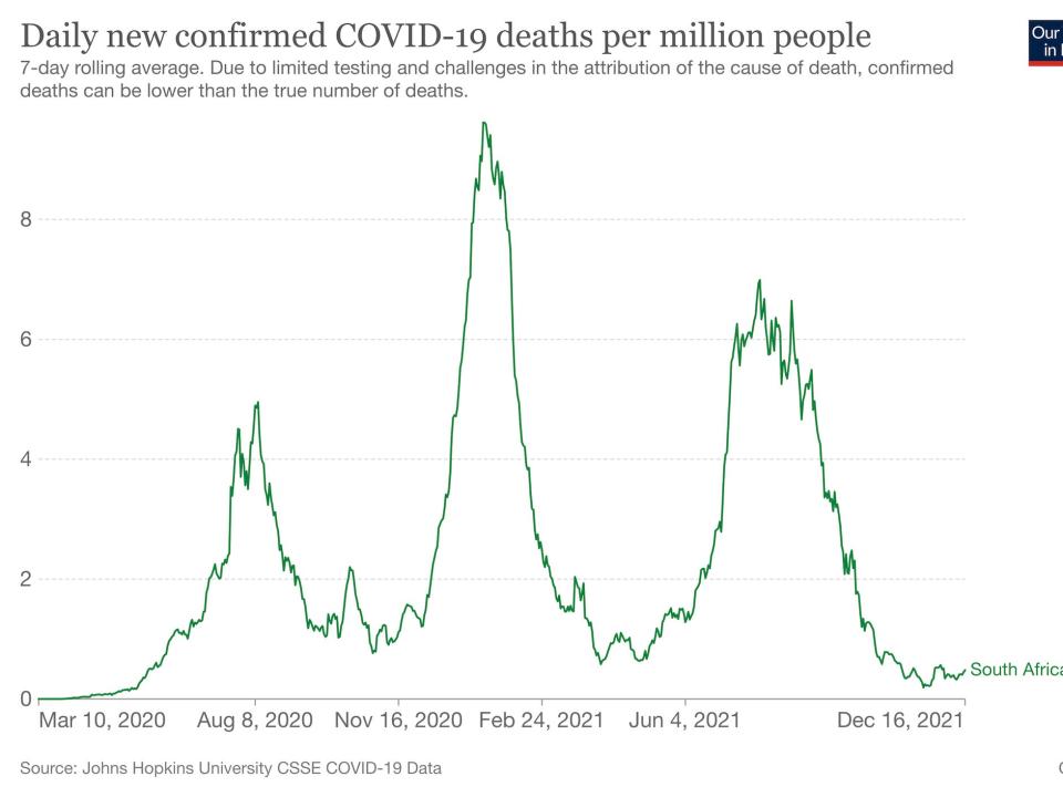 a graph shows daily new COVID-19 deaths in South Africa.