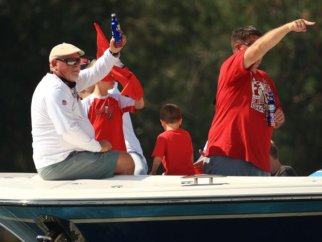 Tom Brady Tosses Lombardi Trophy Across Water During Tampa Bay Buccaneers'  Super Bowl Boat Parade