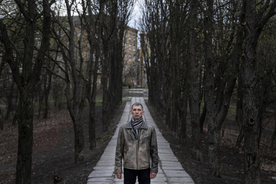 Valerii Semenov, main security engineer at the Chernobyl nuclear power plant, poses for a photo in Kyiv, Ukraine, on Monday, April 18, 2022. When Russian forces invaded and occupied the Chernobyl plant, they dug trenches in one of the world’s most radioactive places. “I was afraid they would install something and damage the system,” Semenov said in an interview. (AP Photo/Evgeniy Maloletka)