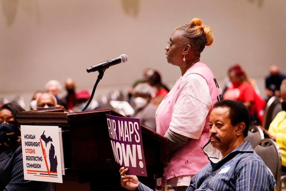 Denise Coats Robinson, 62, of Detroit, makes a public comment during The Michigan Independent Citizens Redistricting Commission as they hold their first public hearing on Oct. 20, 2021, at the TCF Center in Detroit. Coats doesn't want the maps to lump her east side neighborhood in with Harper Woods and Grosse Pointes. "We need fair representation," said Coates to the commission.