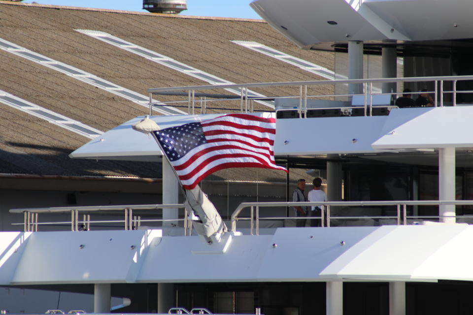 The superyacht Amadea is moored in Honolulu on Thursday, June 16, 2022. A Russian-owned superyacht seized by the United States arrived in Honolulu Harbor flying a U.S. flag after the U.S. last week won a legal battle in Fiji to take the $325 million vessel. (AP Photo/Audrey McAvoy)