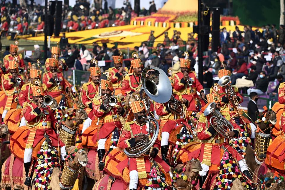 Border Security Force (BSF) soldiers on the camelback march along Rajpath during the Republic Day Parade in New Delhi on January 26, 2021. (Photo by Jewel SAMAD / AFP) (Photo by JEWEL SAMAD/AFP via Getty Images)