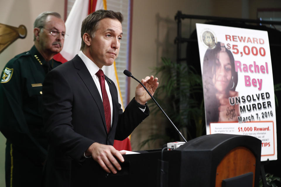 FILE - Dave Aronberg, state attorney for Palm Beach County, Fla., speaks during a news conference on Monday, Sept. 16, 2019, in West Palm Beach, Fla. A jury has found Robert Hayes, a former Bethune-Cookman University cheerleader guilty in the deaths of three Florida prostitutes more than 15 years ago, on Tuesday, Feb. 22, 2022. Prosecutors will seek the death penalty during a penalty phase next week. (AP Photo/Brynn Anderson, File)