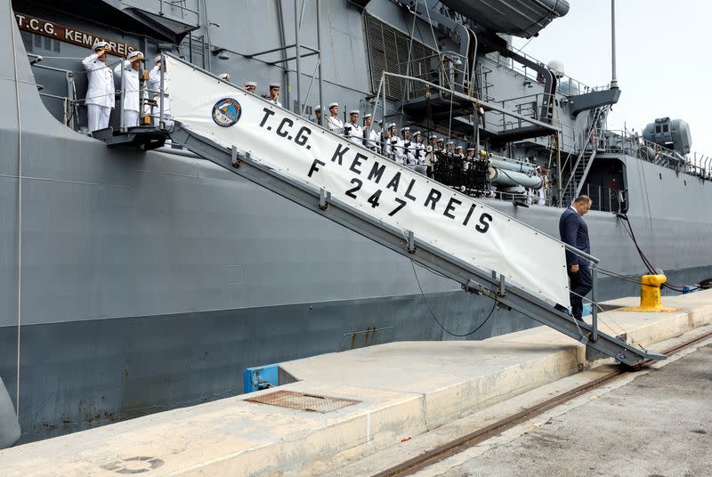 A Turkish naval frigate is berthed at Haifa Port