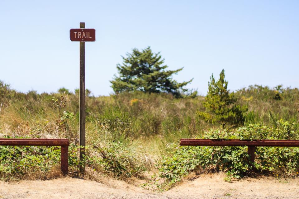 The first trail sign to the Bayocean Spit Loop hike on July 28, 2023.