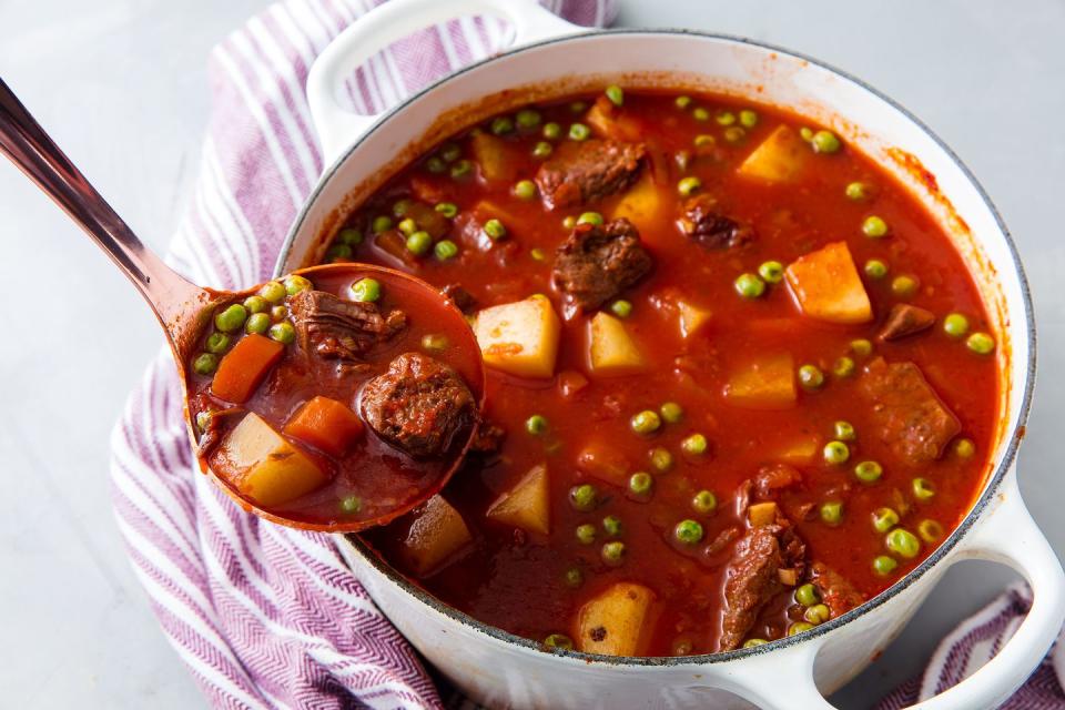 <p>Nothing can warm you up quite like a bowl of <a href="https://www.delish.com/uk/cooking/recipes/a38538743/best-beef-stew-with-dumplings/" rel="nofollow noopener" target="_blank" data-ylk="slk:beef stew;elm:context_link;itc:0;sec:content-canvas" class="link ">beef stew</a> and this one is packed with hearty vegetables too like potatoes and <a href="https://www.delish.com/uk/cooking/recipes/g33910418/carrot-recipes/" rel="nofollow noopener" target="_blank" data-ylk="slk:carrots;elm:context_link;itc:0;sec:content-canvas" class="link ">carrots</a>.</p><p>Get the <a href="https://www.delish.com/uk/cooking/recipes/a35306333/vegetable-beef-stew-recipe/" rel="nofollow noopener" target="_blank" data-ylk="slk:Best-Ever Vegetable Beef Stew;elm:context_link;itc:0;sec:content-canvas" class="link ">Best-Ever Vegetable Beef Stew</a> recipe.</p>