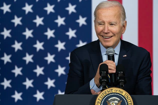 President Joe Biden delivers remarks on the economy at an International Union of Operating Engineers Local 77 union training facility on April 19, 2023, in Accokeek, Maryland.