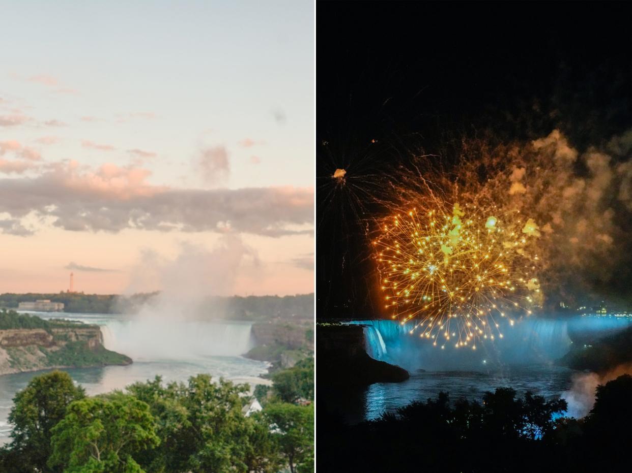 Side-by-side photos show Niagara Falls at sunset and at night