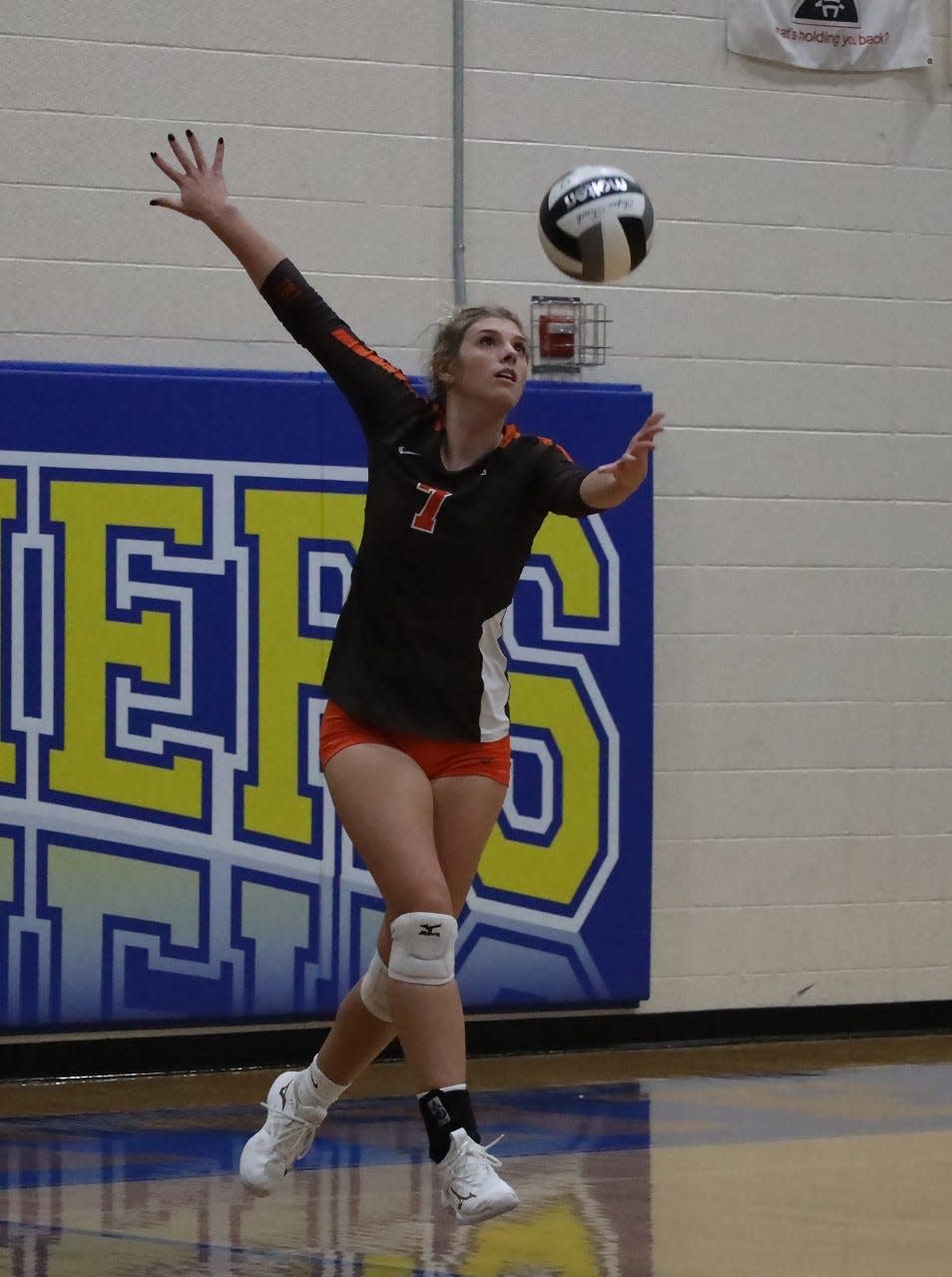 Meadowbrook senior All-Ohio standout Camden Black (7) prepares to serve during Saturday's Division III district championship match with Fort Frye at Maysville High School. Black and the Lady Colts picked up the district title with a three set sweep, to advance to their 3rd straight regional tournament appearance.