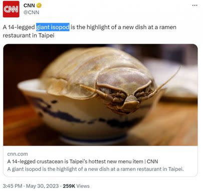 圖：《CNN》更以標題「台北最火爆的新料理是一隻擁有十四條腿的甲殼類動物」報導介紹這碗「特殊拉麵」。（CNN推特）