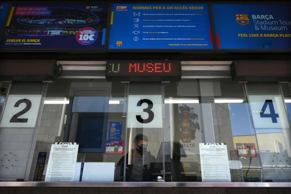 The ticket office of the Camp Nou stadium is pictured in Barcelona on October 23, 2020, on the eve of the 