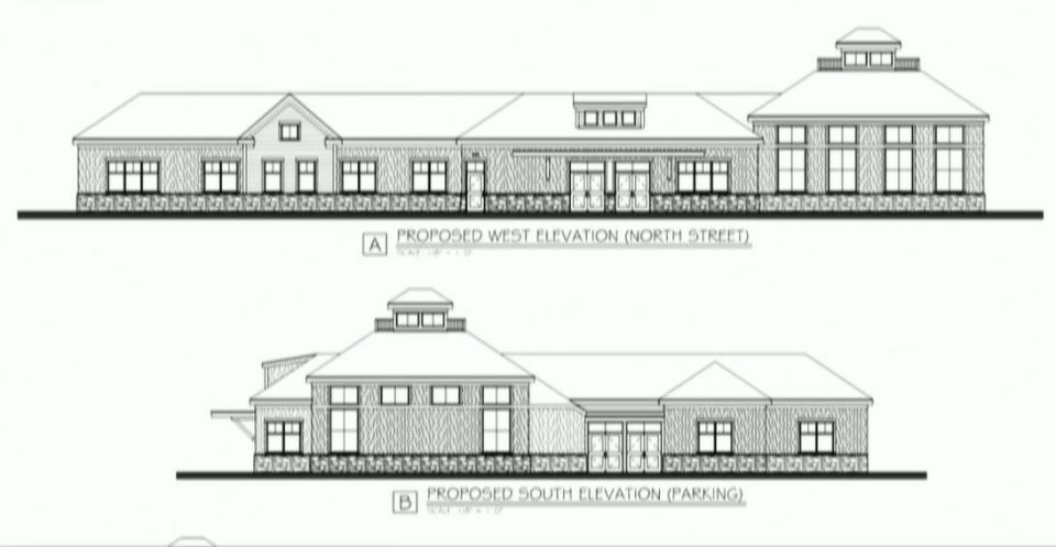 The renderings show the western and southern views of the new town hall that is being proposed in Kennebunkport, Maine.