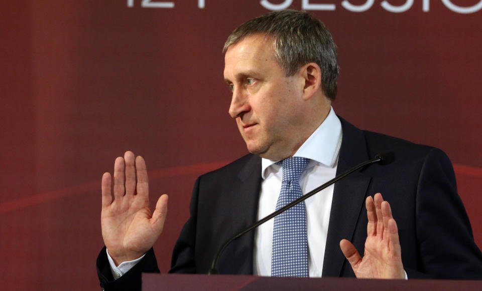 Acting Ukrainian Foreign Minister Andrii Deshchytsia speaks to media at the European Council in Vienna, Austria, Tuesday, May 6, 2014. (AP Photo/Ronald Zak)