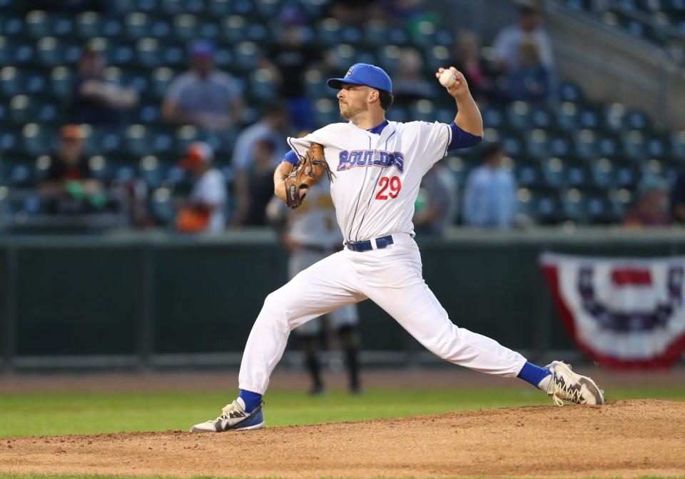 New York Boulders pitcher Danny Wirchansky delivers a pitch during their home opener against the Sussex Miners at Clover Stadium in Pomona on Thursday, May 12, 2022.