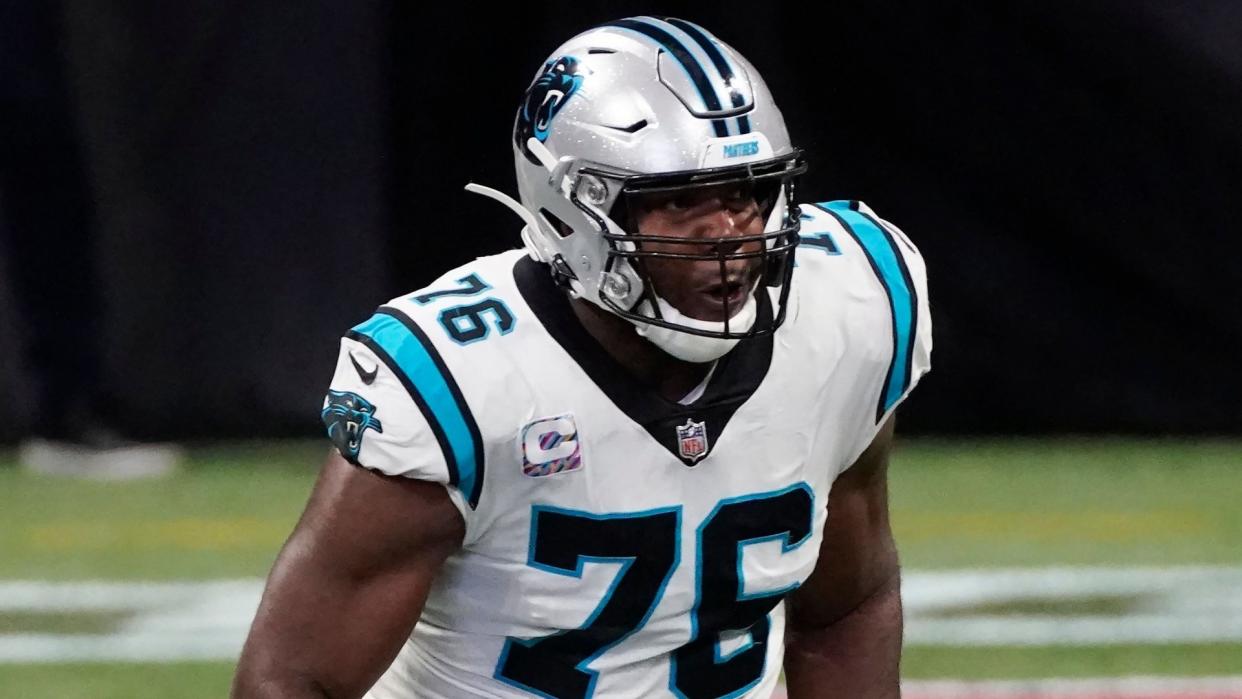 Mandatory Credit: Photo by John Bazemore/AP/Shutterstock (10949919ef)Carolina Panthers offensive tackle Russell Okung (76) works against the Atlanta Falcons during the second half of an NFL football game, in AtlantaPanthers Falcons Football, Atlanta, United States - 11 Oct 2020.