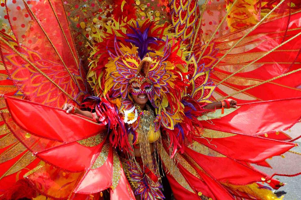 <p>Gilbert Bellamy/Reuters/Alamy</p> A Carnival performer in full regalia in Kingston, Jamaica.