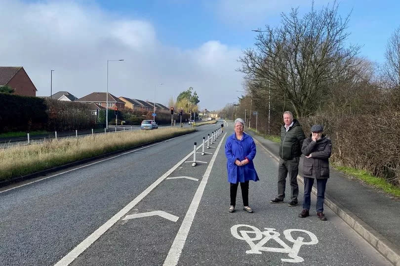 Councillors Vida Wilson, Gary Bennett, and Colin Baldwin at the Fender Lane cycle route.