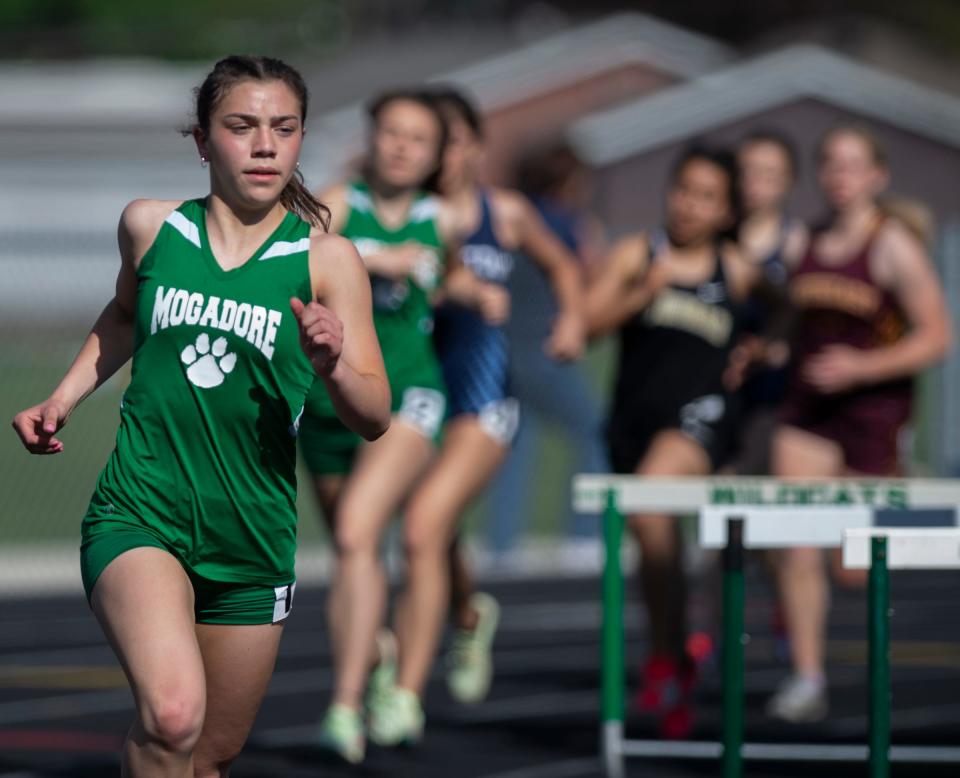 Mogadore sophomore Katie Lane leads the way in the 1600 at the Portage Trail Conference Championships.