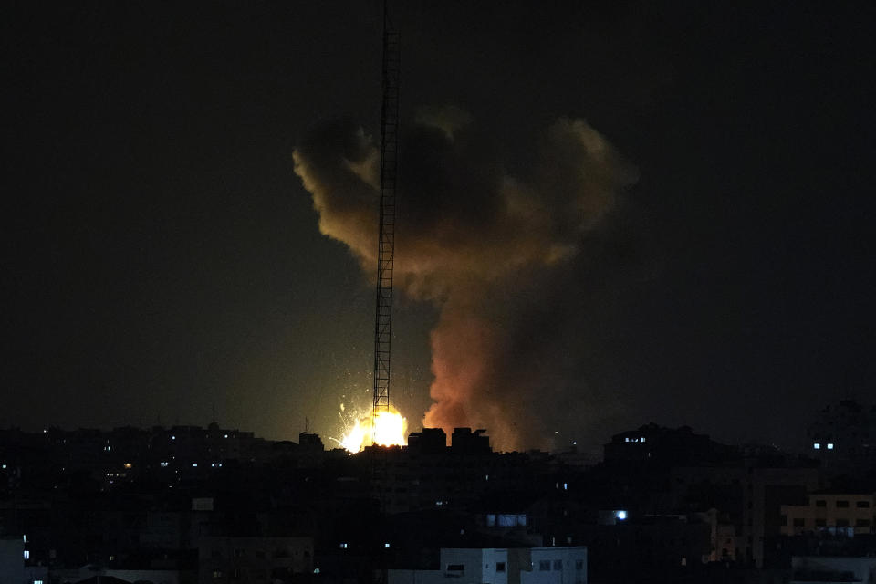 Smoke and fire rise from an explosion caused by an Israeli airstrike on Gaza City, late Tuesday, May 2, 2023. The Israeli military said it had started airstrikes on Gaza targets, in response to earlier rocket salvos from the coastal strip, run by the militant Hamas group.(AP Photo/Adel Hana)