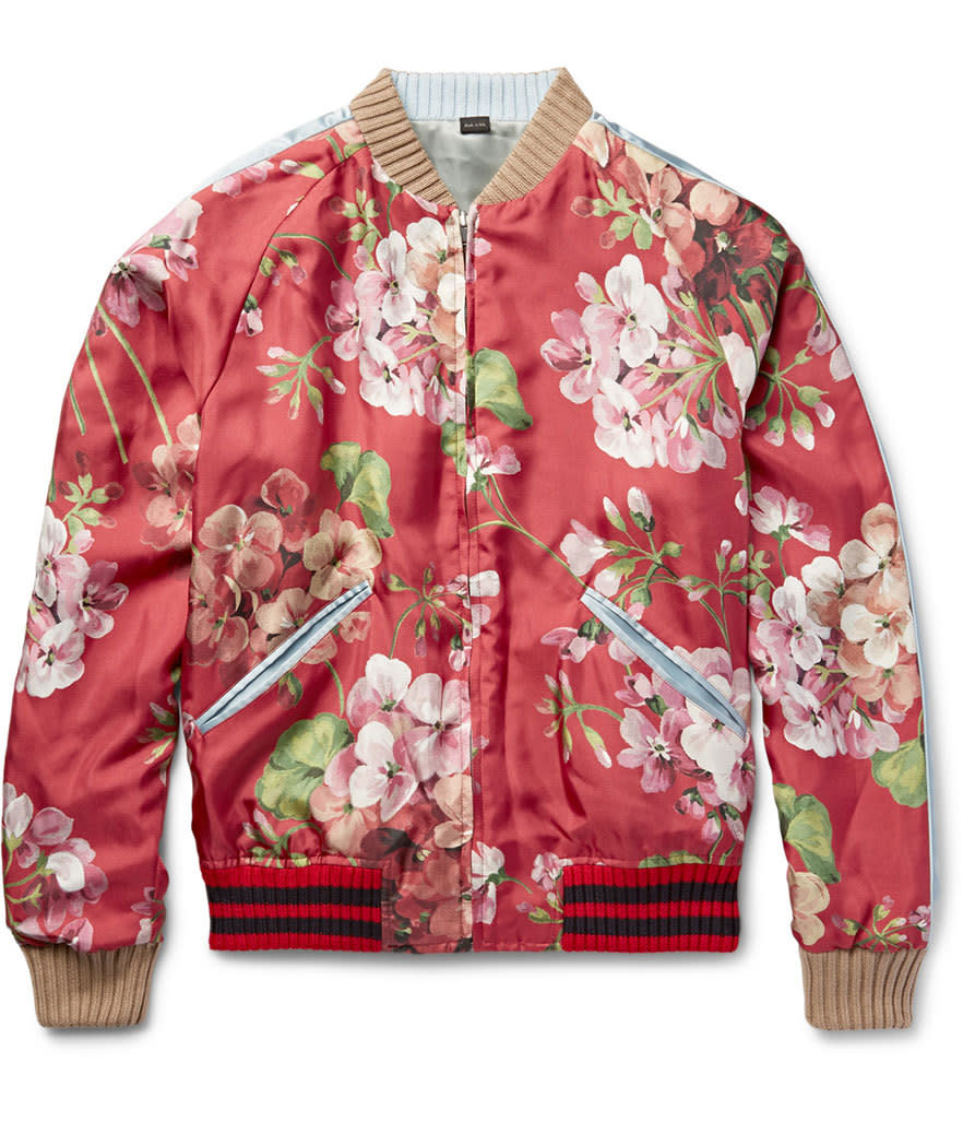 Gucci Reversible Geranium-Print Silk-Twill Bomber Jacket