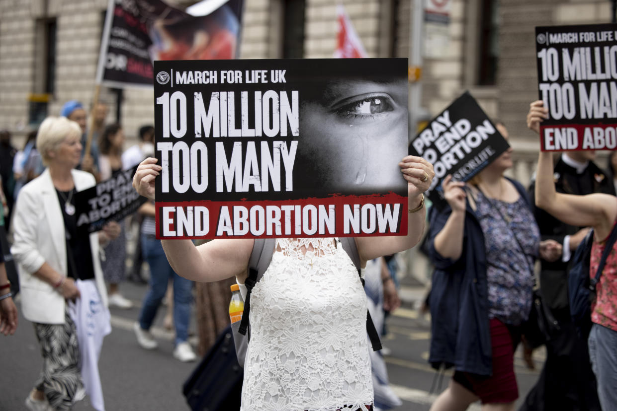 LONDON, UNITED KINGDOM - 2022/09/03: A pro-life female advocate seen holding a placard during the March for Life rally. Religious Christians and pro-life advocates march in central London and demand the UK government to end abortion. They believe in life of conception and accuse the implementation of 1967 Abortion Act that has led to more than 10 millions of lives lost in the UK through abortion. (Photo by Hesther Ng/SOPA Images/LightRocket via Getty Images)